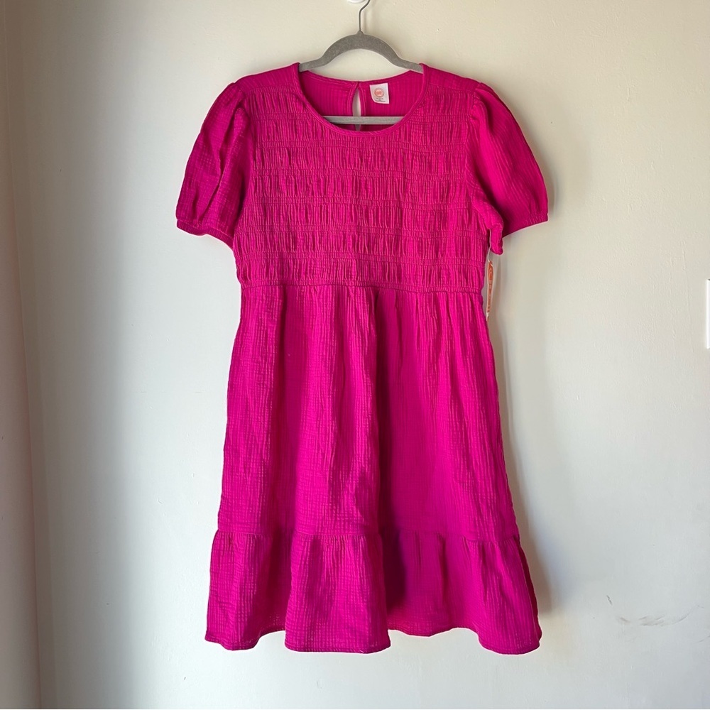 Wonder Nation Girls Pink Smocked Cotton Gauze Dress XL 14-16 Plus Puff Sleeve